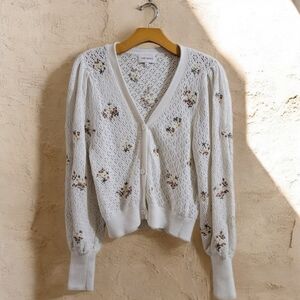 Driftwood Sundance Provence Floral Embroidered Cotton Pointelle Cardigan L